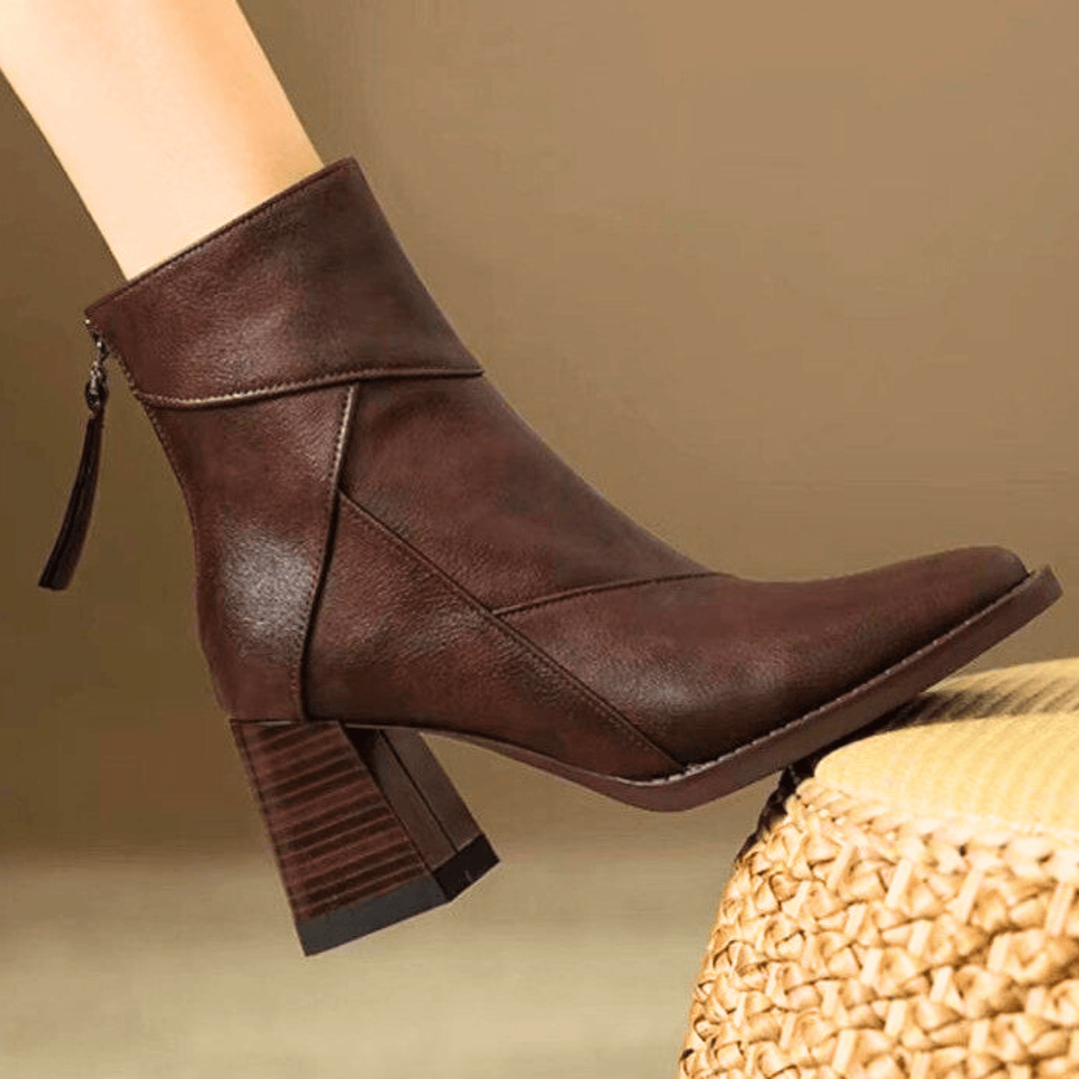 Women’s Back Zip Tassel Pull Block Heel Ankle Boots
