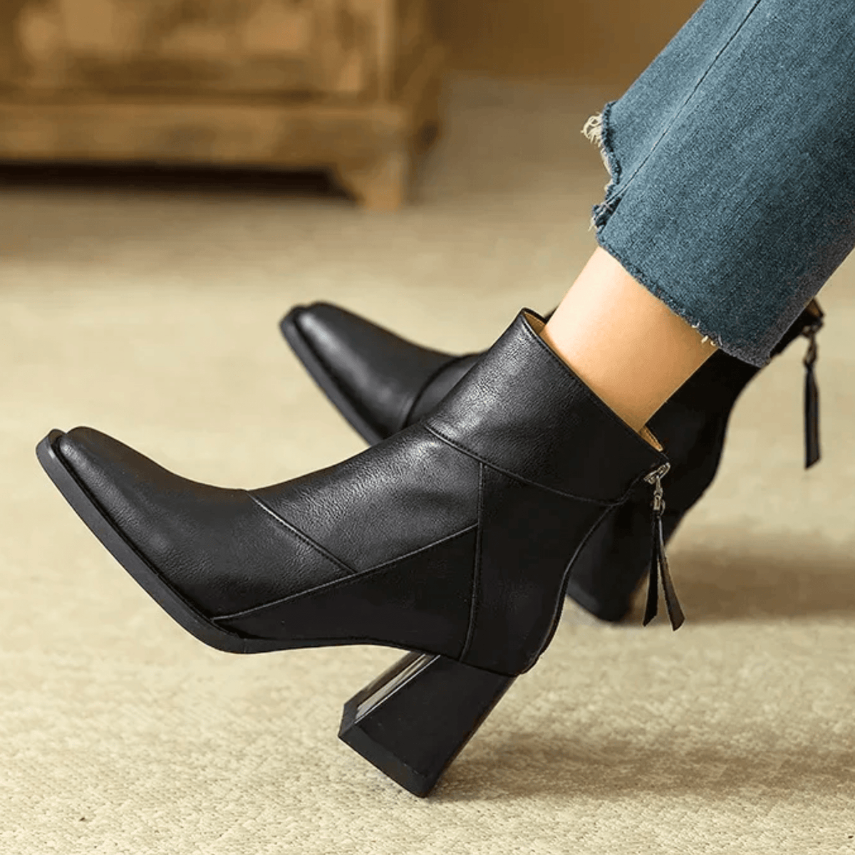 Women’s Back Zip Tassel Pull Block Heel Ankle Boots