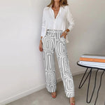 Women’s Blouse & Printed Wide Leg Pants 2 Piece Set