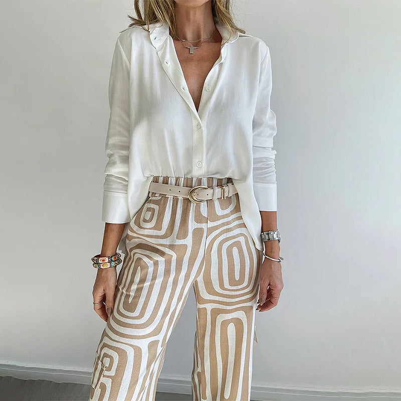 Women’s Blouse & Printed Wide Leg Pants 2 Piece Set