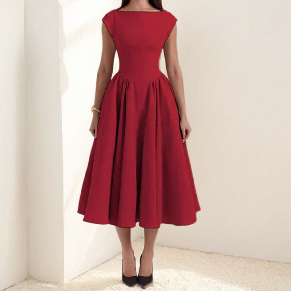 Women's Boat Neck Cap Sleeves Graduation Maxi Dress