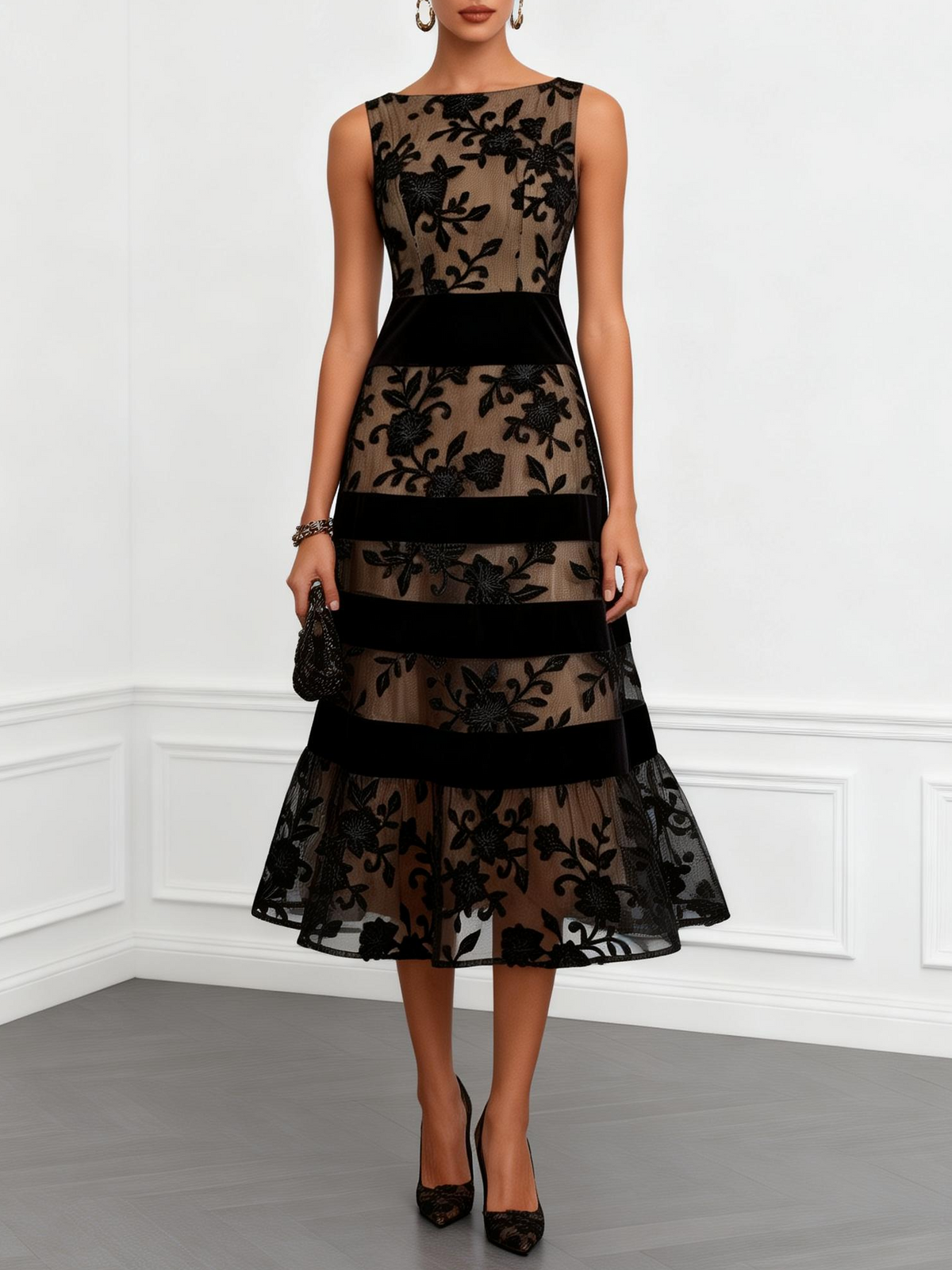 Women's Boat-Neck Sleeveless A-Line Midi Dress
