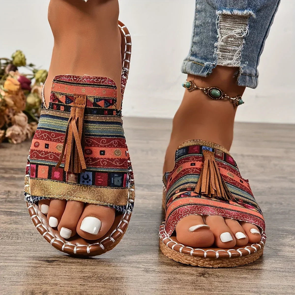 Women’s Boho Tassel Open Toe Slide Sandals