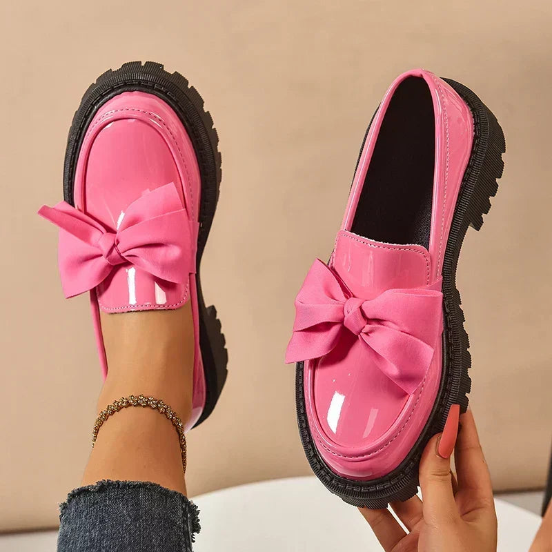 Women's Bow Platform Glossy Lug-Sole Loafers
