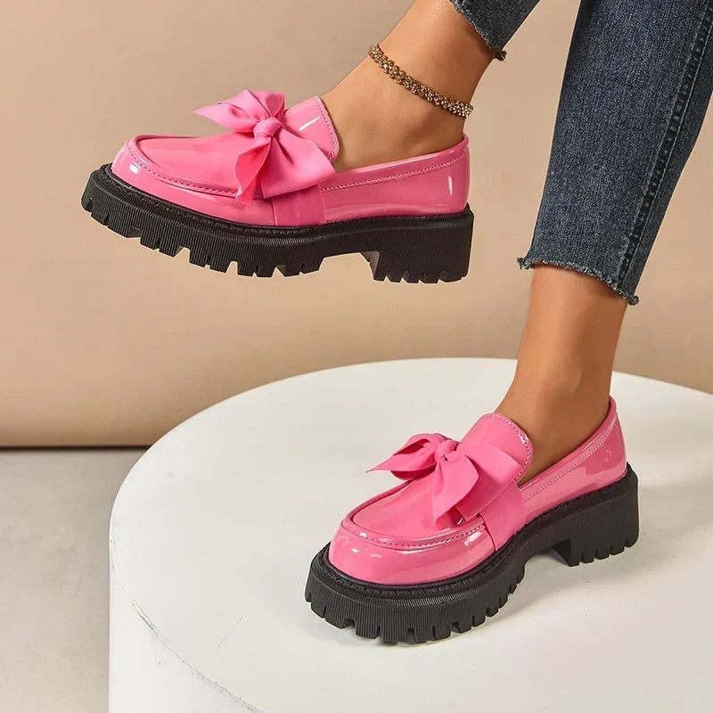 Women's Bow Platform Glossy Lug-Sole Loafers