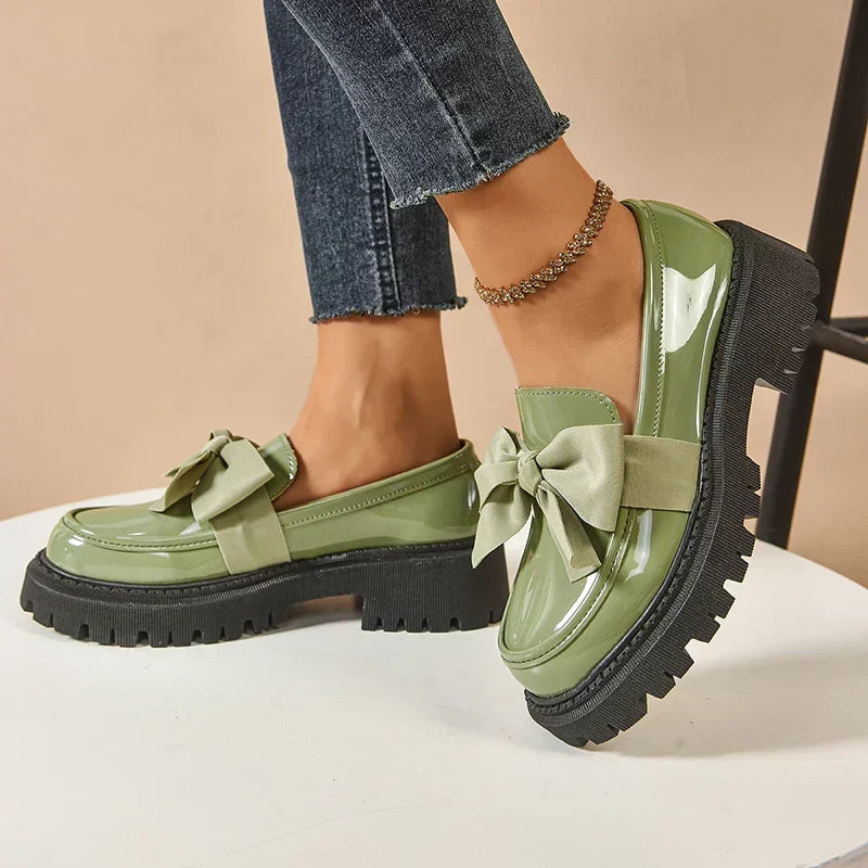 Women's Bow Platform Glossy Lug-Sole Loafers