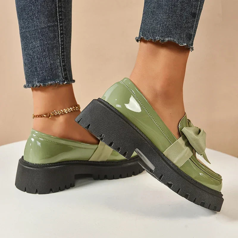 Women's Bow Platform Glossy Lug-Sole Loafers