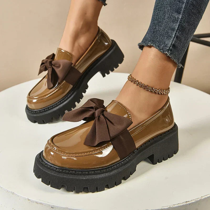 Women's Bow Platform Glossy Lug-Sole Loafers