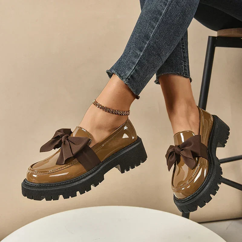 Women's Bow Platform Glossy Lug-Sole Loafers