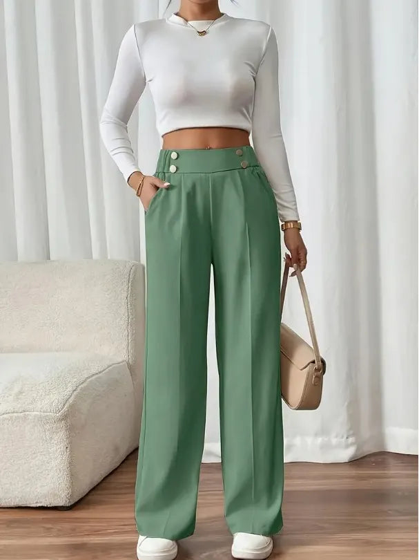 Women's Button Accent High Waisted Wide-Leg Trousers
