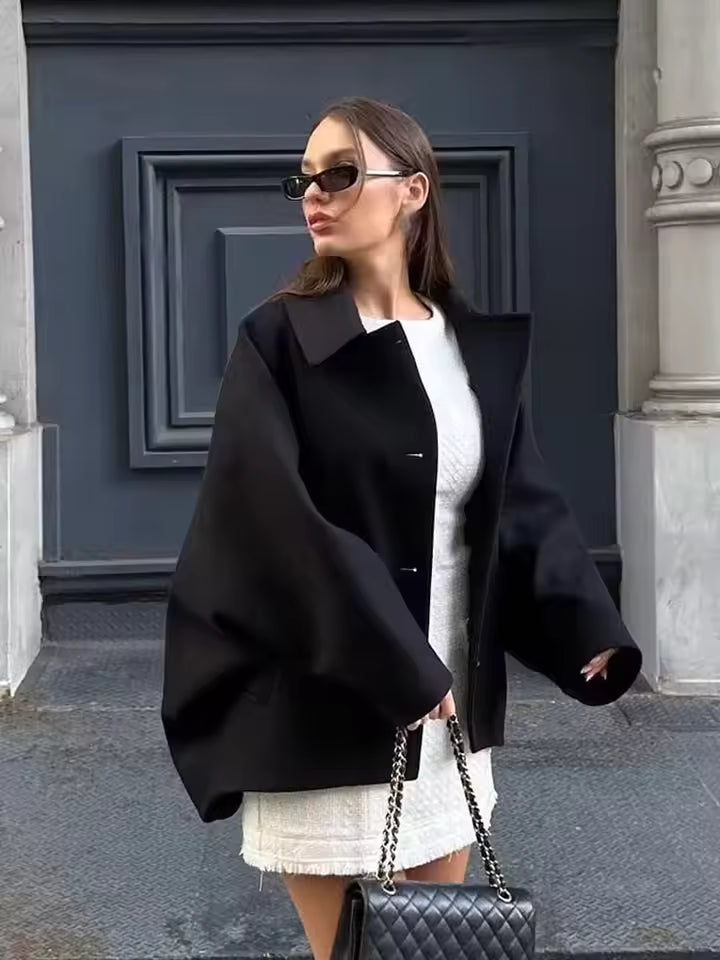 Women's Button Closure Turn Down Collar Wool Jacket