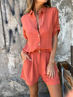 Women's Button-Down Short Sleeve Shirt and Pleated Shorts Summer Set
