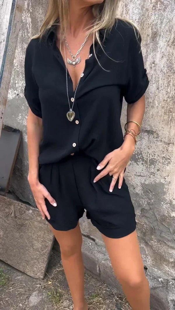 Women's Button-Down Short Sleeve Shirt and Pleated Shorts Summer Set