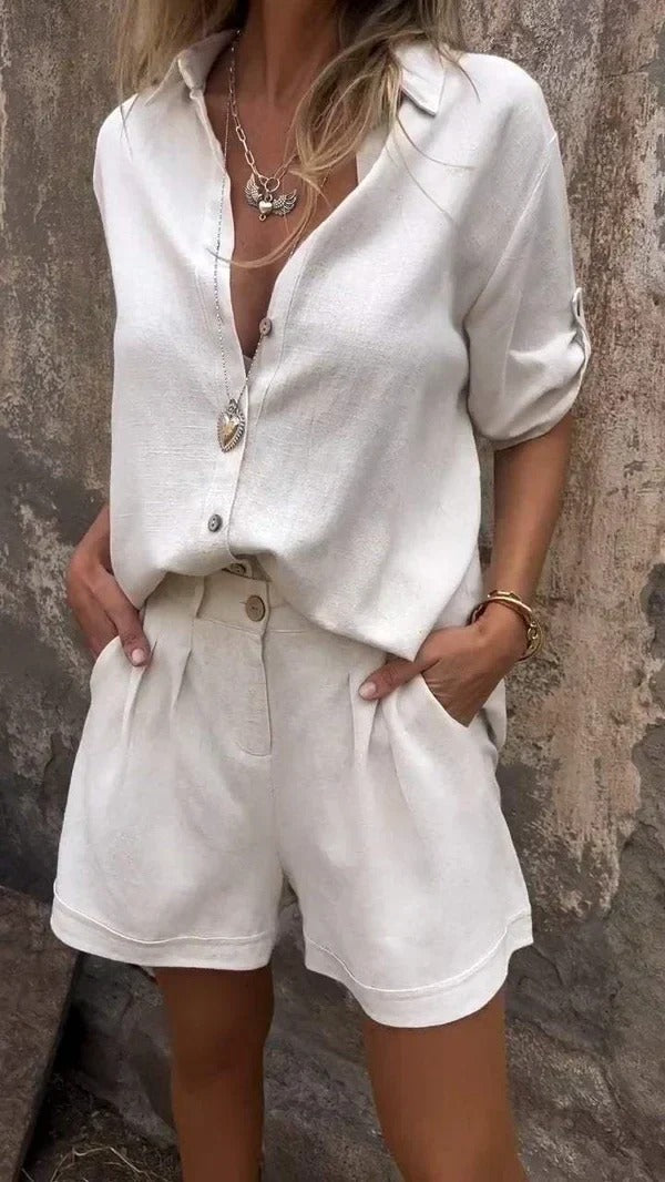 Women's Button-Down Short Sleeve Shirt and Pleated Shorts Summer Set
