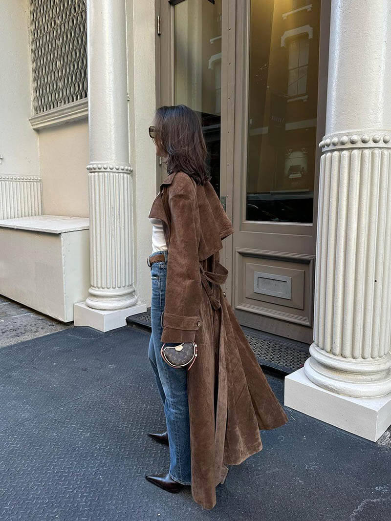 Women's Button Front Belted Waist Wide Lapels Double-Breasted Trench Coat