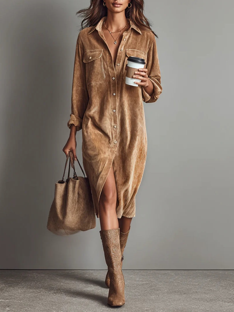Women’s Button Front Corduroy Midi Shirt Dress