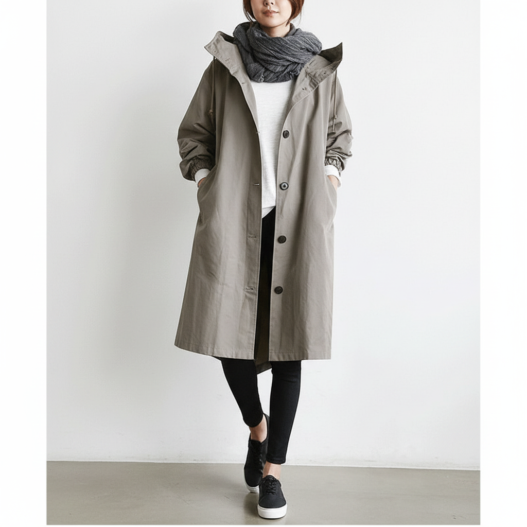 Women's Button Front Hooded Cuffs Windbreaker Trench Coat