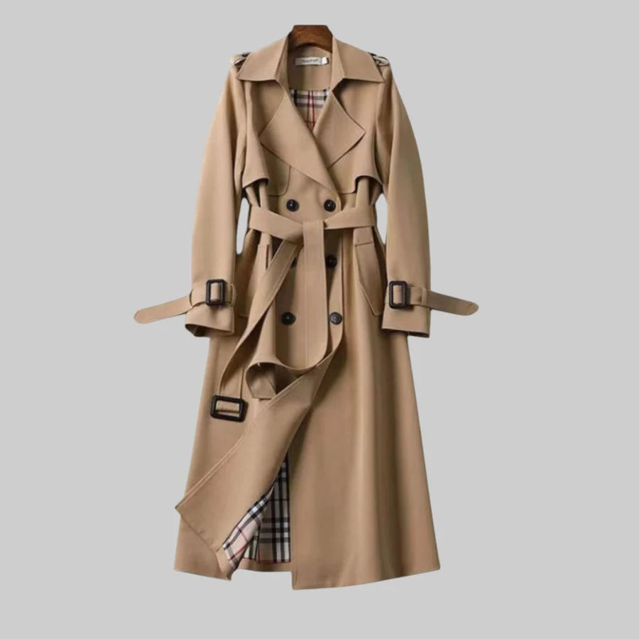 Women's Button Front Long Belted Waist Wide Lapels Double-Breasted Trench Coat