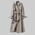 Women's Button Front Long Belted Waist Wide Lapels Double-Breasted Trench Coat