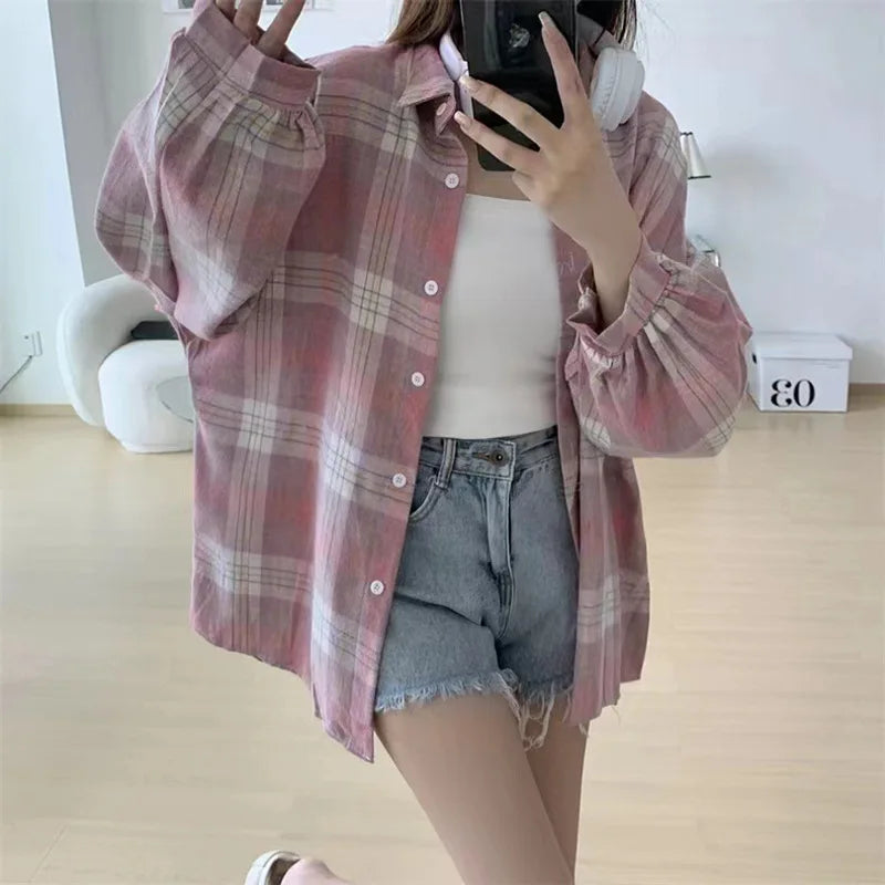 Women's Button Front Plaid Drop Shoulder Long Sleeve Flannel Shirt