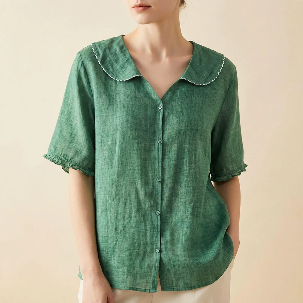 Women's Button Front Scalloped Collar Ruffle Sleeve V Neck Blouse