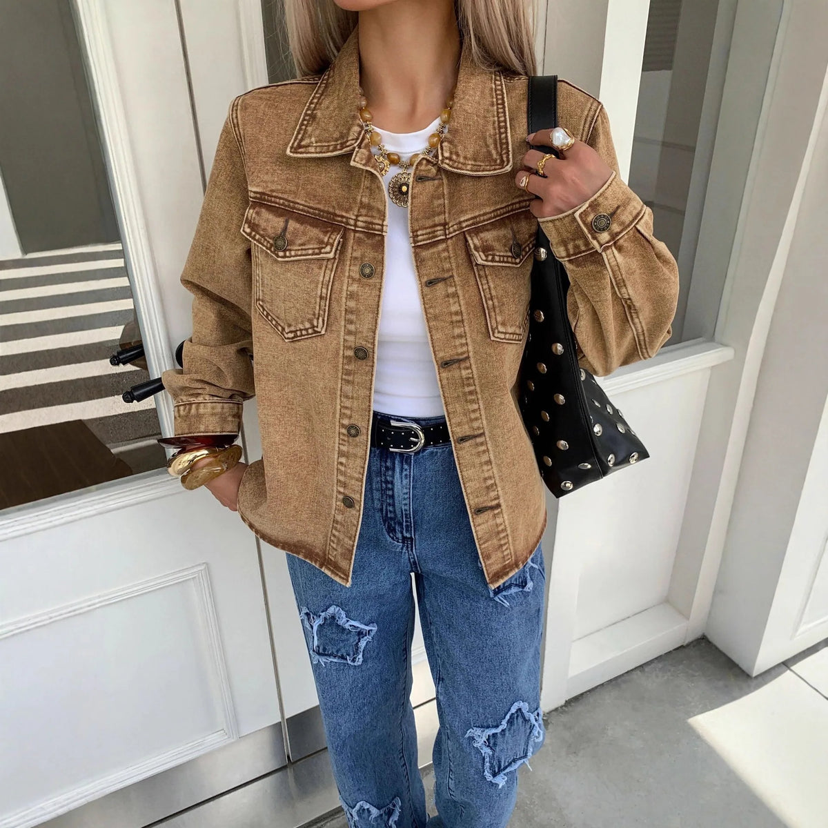 Women’s Button Front Single Breasted Denim Jacket