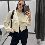 Women’s Button Front Stand Collar Cropped Bomber Jacket
