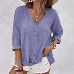 Women's Button Front V Neck Rolled Sleeve Blouse