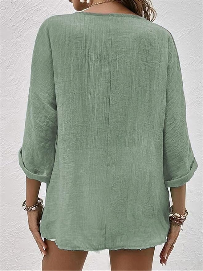Women's Button Front V Neck Rolled Sleeve Blouse