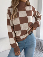 Women’s Checkered Turtleneck Long Sleeve Knit Sweater