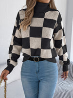 Women’s Checkered Turtleneck Long Sleeve Knit Sweater