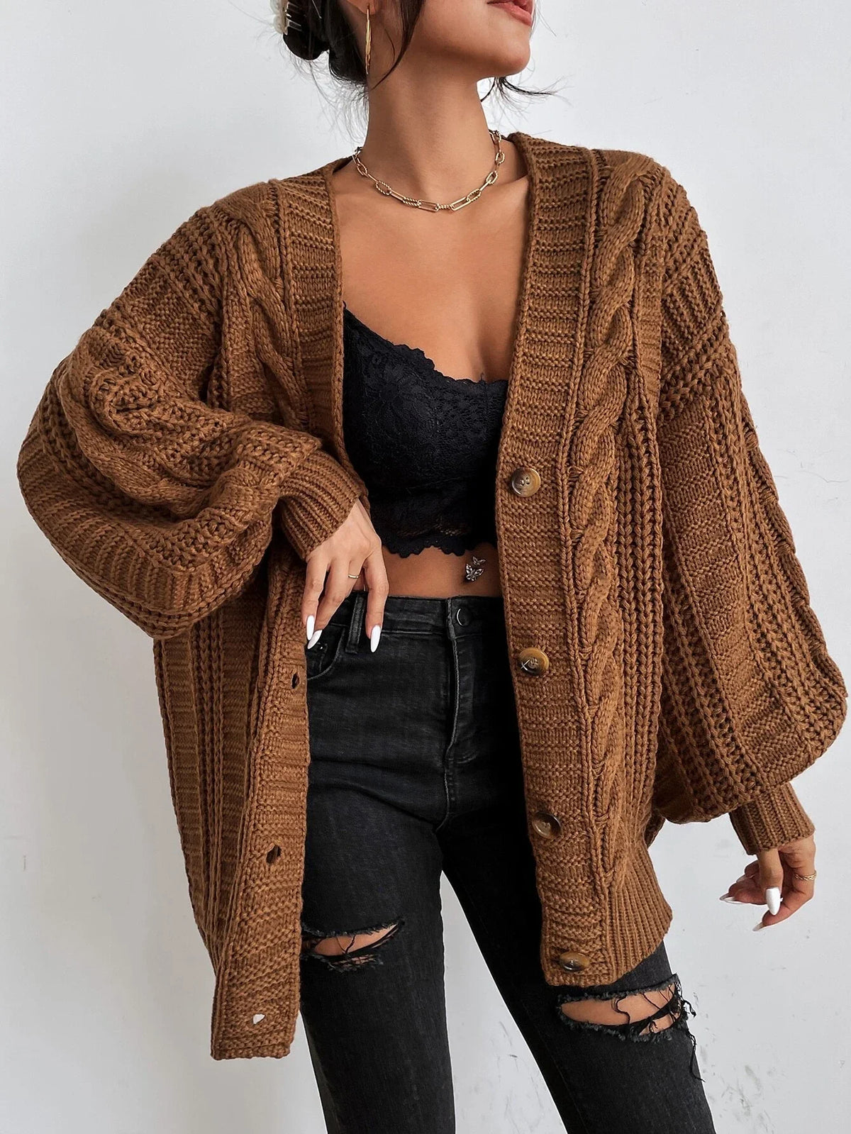 Women’s Chunky Cable Button Front Cardigan
