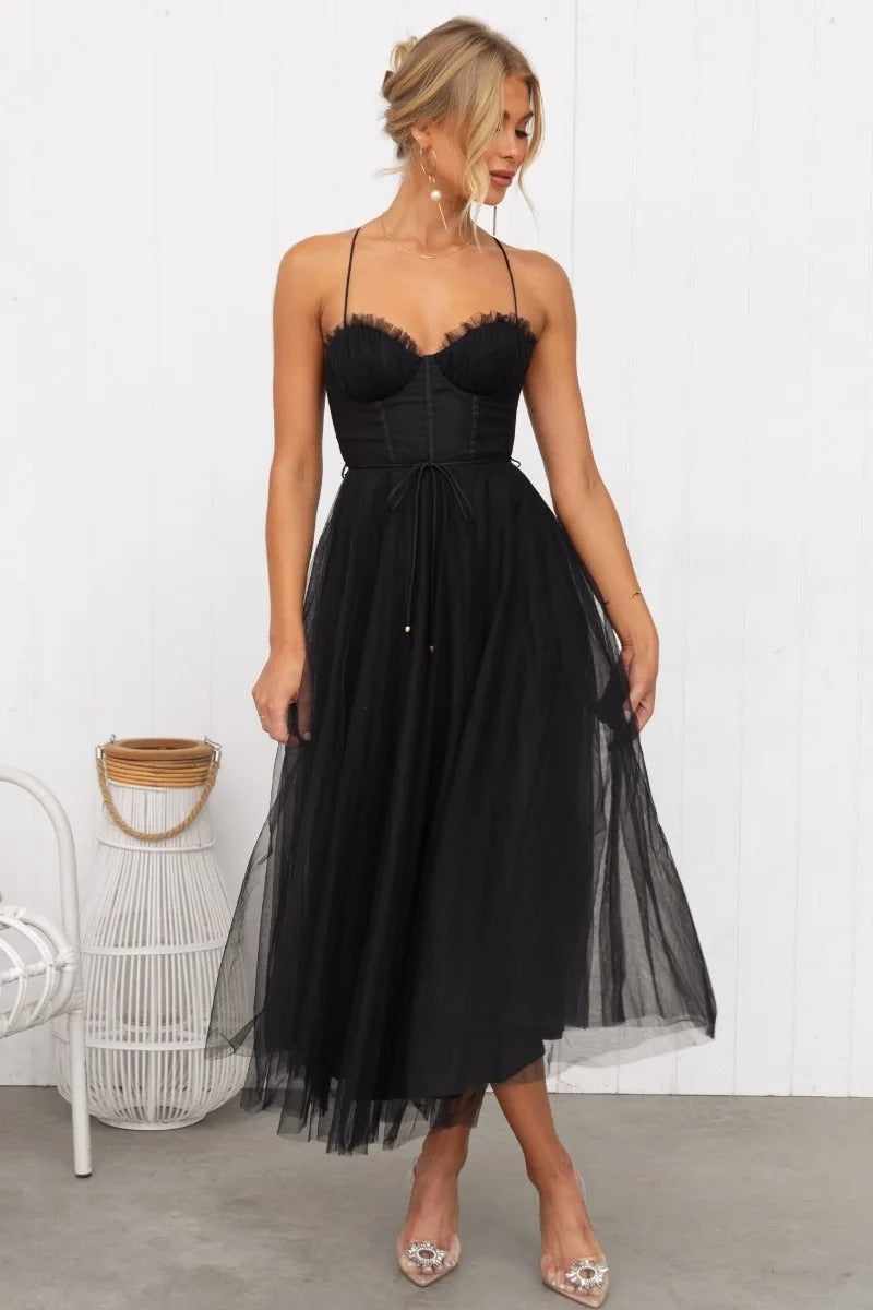 Women’s Corset Spaghetti Strap Tulle Midi Wedding Guest Dress