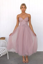 Women’s Corset Spaghetti Strap Tulle Midi Wedding Guest Dress