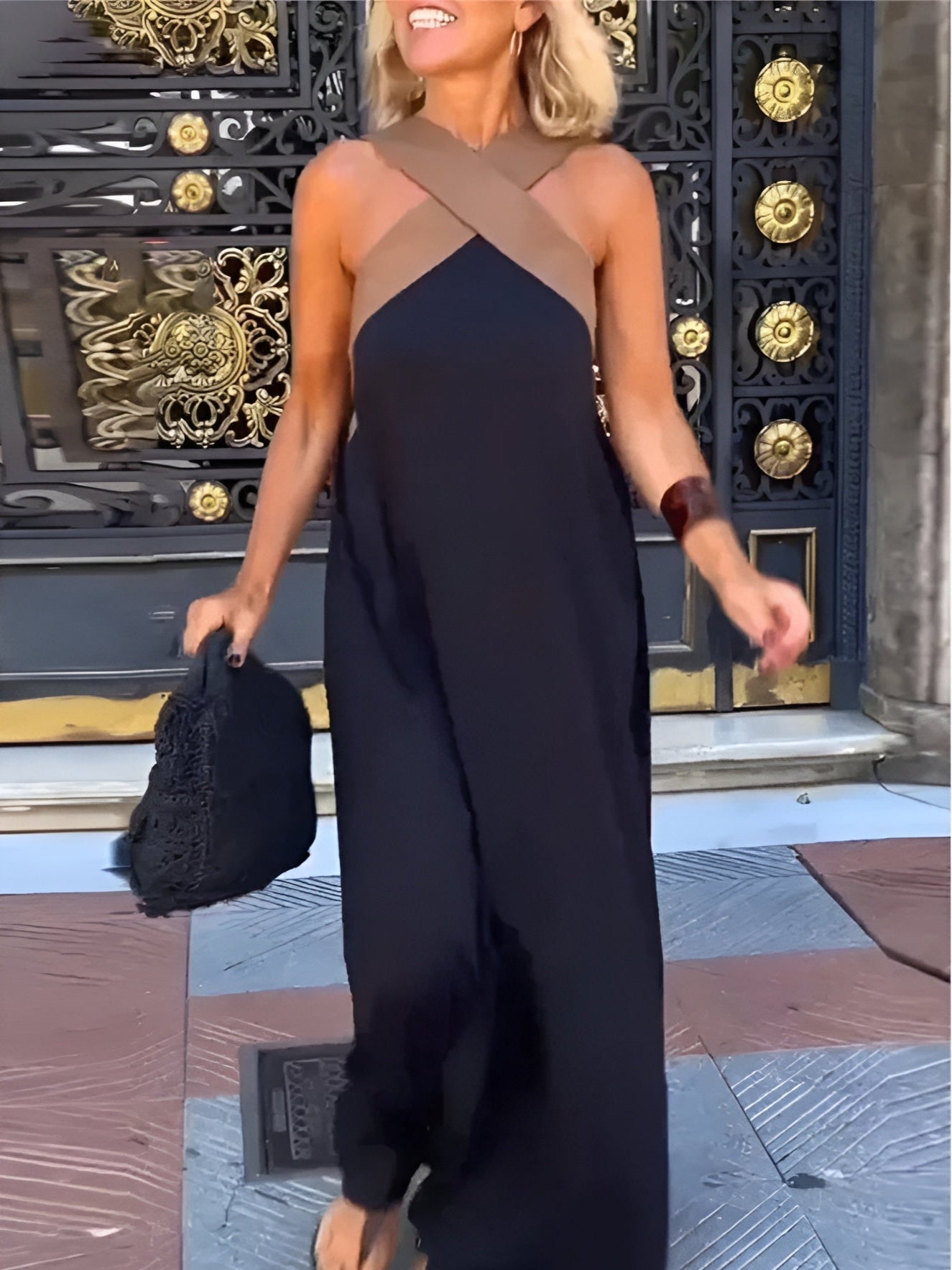 Women's Criss-Cross Halter Neck Sleeveless Maxi Dress - Black / XS - Fashion