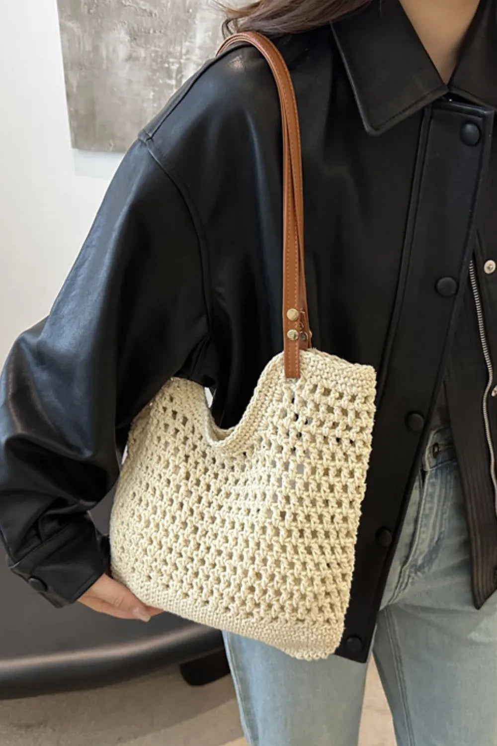 Women’s Crochet Knit Open Tote Shoulder Bag