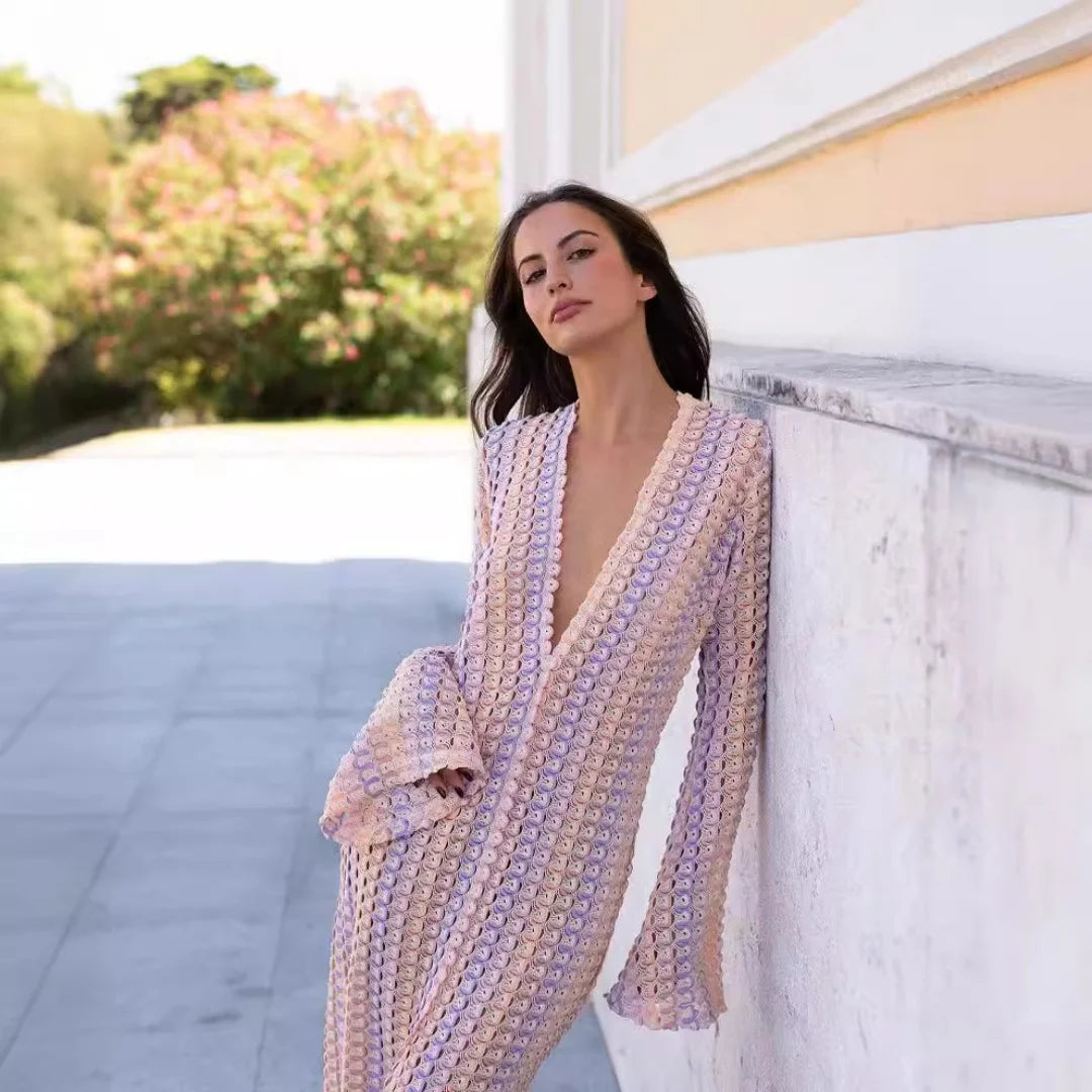 Women’s Crochet V Neck Front Slit Maxi Dress