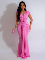 Women’s Deep V-Neck Sleeveless Bodycon Draped Maxi Dress