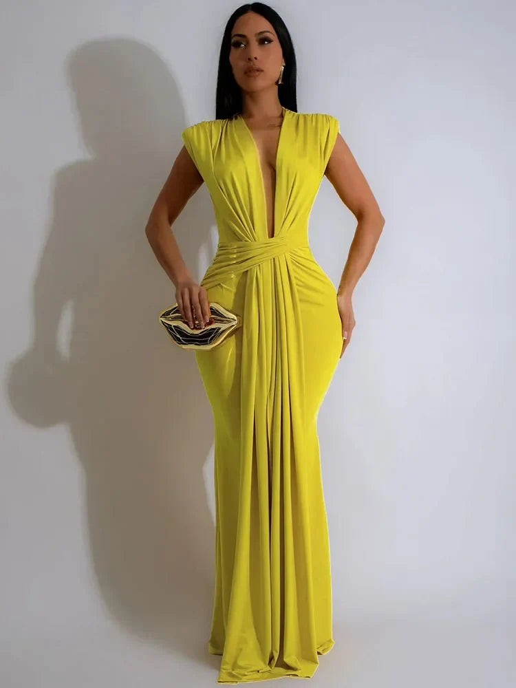 Women’s Deep V-Neck Sleeveless Bodycon Draped Maxi Dress