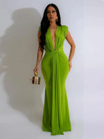 Women’s Deep V-Neck Sleeveless Bodycon Draped Maxi Dress