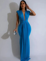 Women’s Deep V-Neck Sleeveless Bodycon Draped Maxi Dress