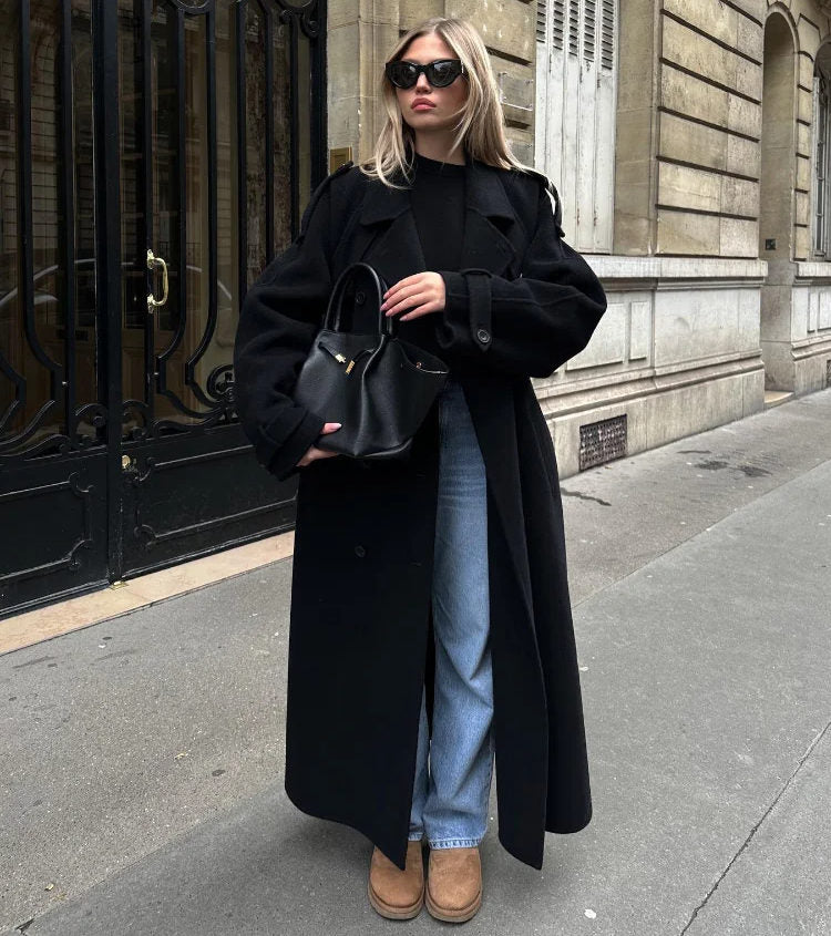 Women's Double Breasted Belted Wool Trench Coat