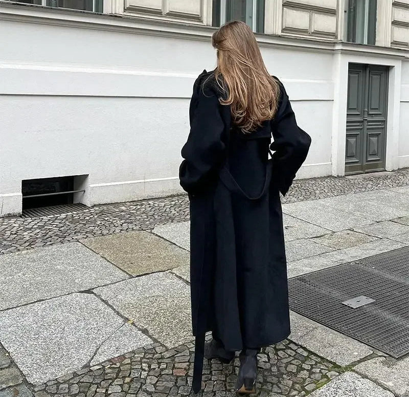 Women's Double Breasted Belted Wool Trench Coat