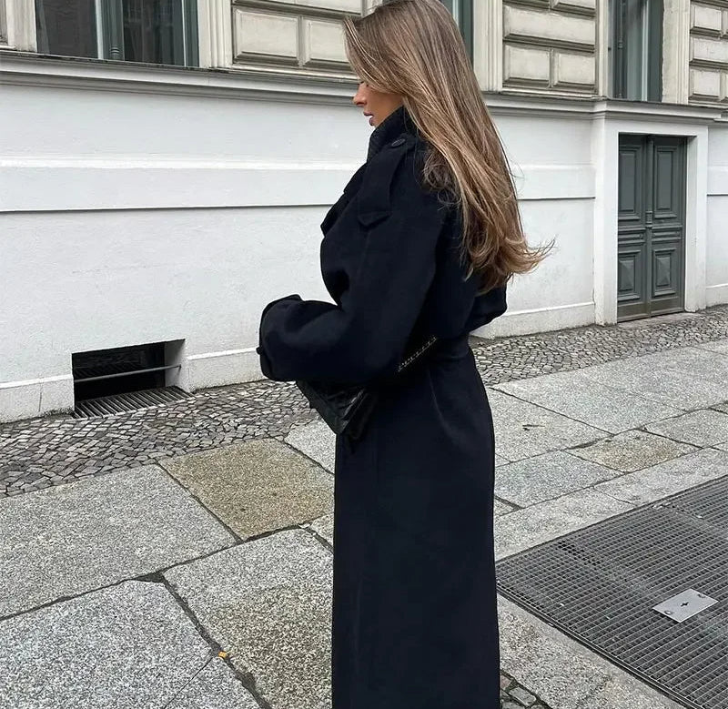 Women's Double Breasted Belted Wool Trench Coat