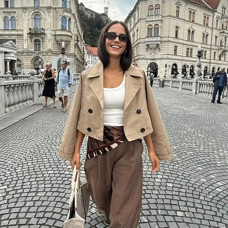 Women’s Double Breasted Cropped Trench Style Jacket