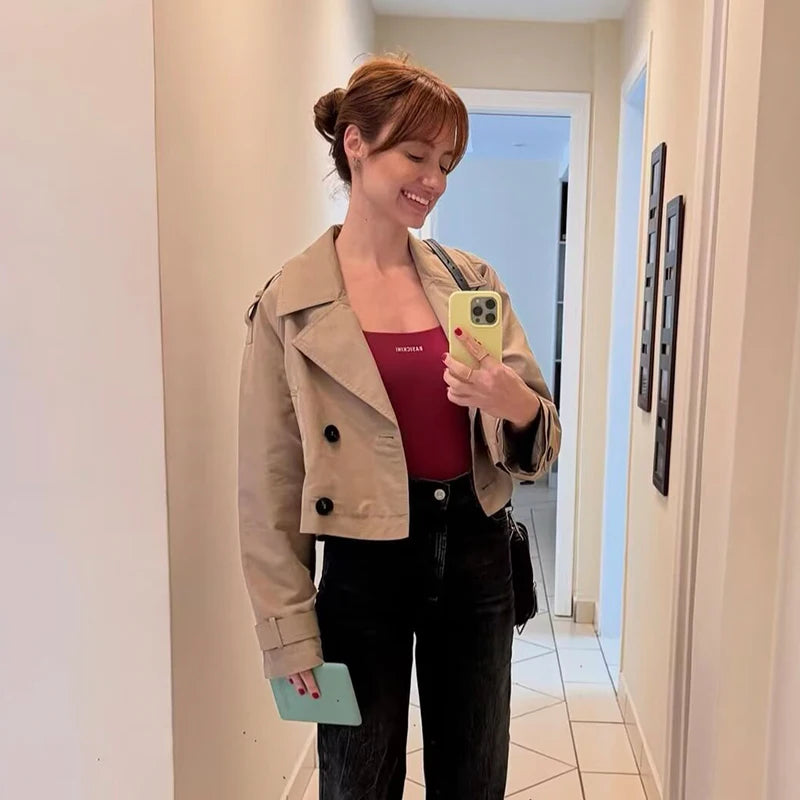 Women’s Double Breasted Cropped Trench Style Jacket