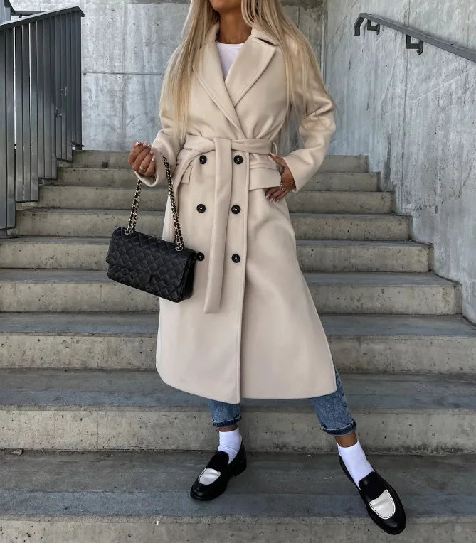 Women's Double Breasted Wide Lapels Belted Waist Trench Coat