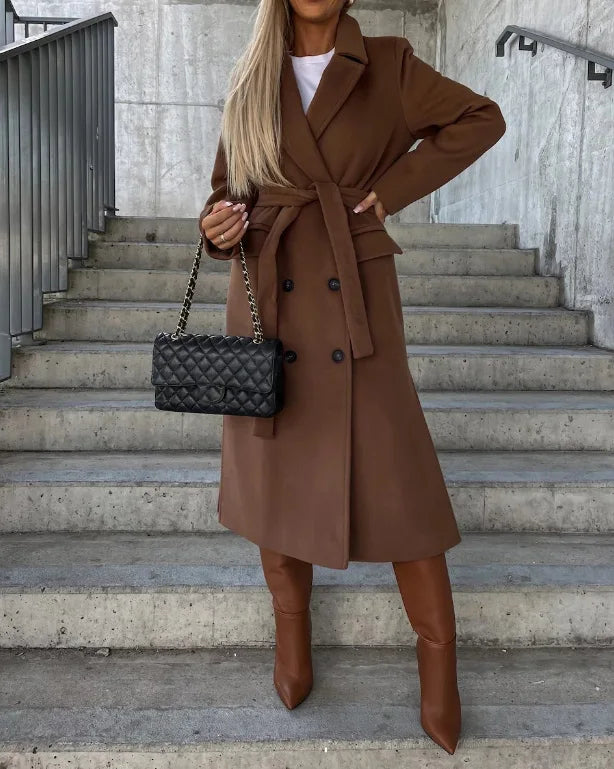 Women's Double Breasted Wide Lapels Belted Waist Trench Coat