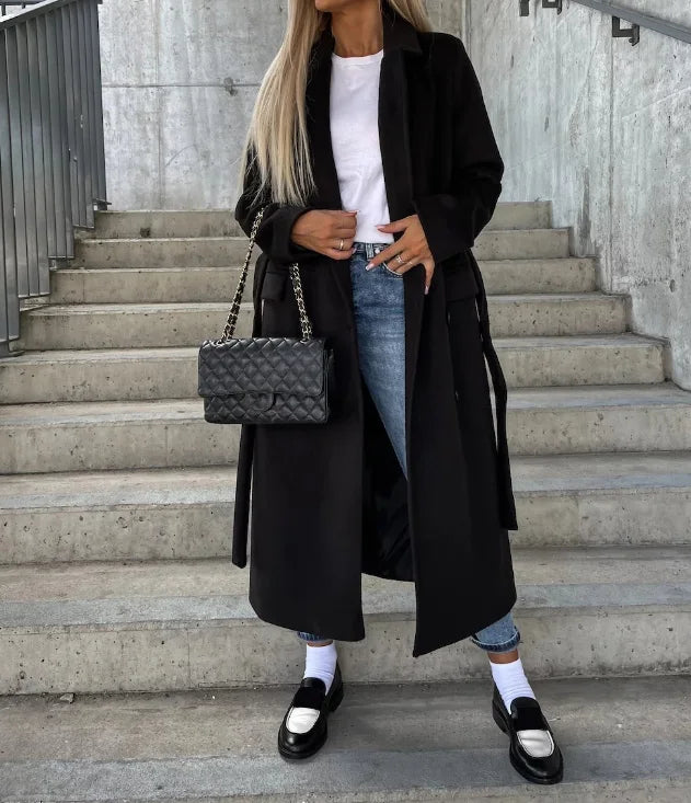 Women's Double Breasted Wide Lapels Belted Waist Trench Coat