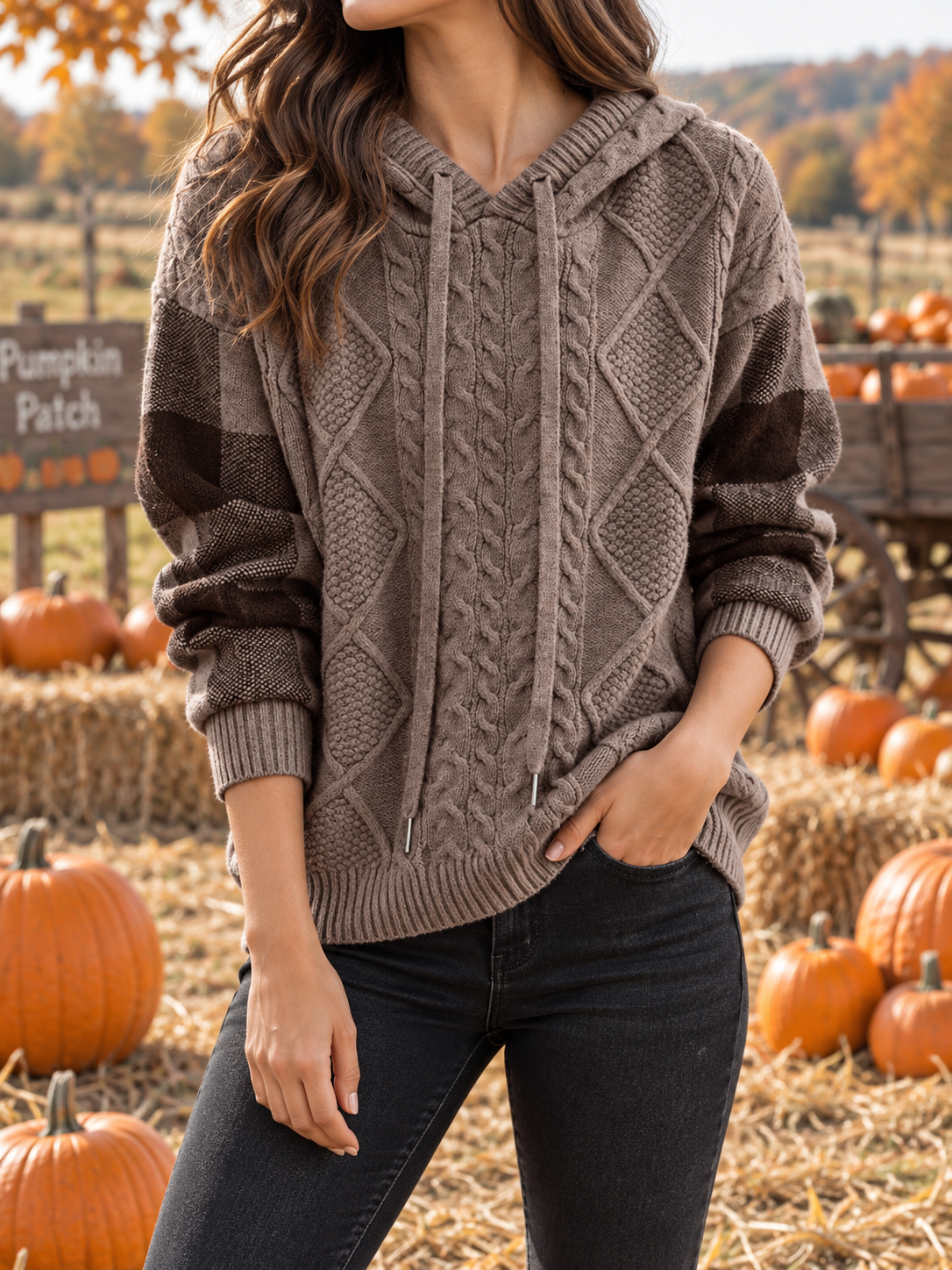 Women's Drawstring Colorblock-Sleeve Cable Knit Sweater